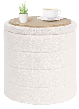 PINPLUS Boucle Hocker mit Stauraum Sitzhocker Rund, 43x43x45 cm, Cremeweiß | Deckel als Tablett, Polsterhocker, faltbar, Fußablage & Tisch, Aufbewahrungsbox, für Wohnzimmer, Schlafzimmer, Flur