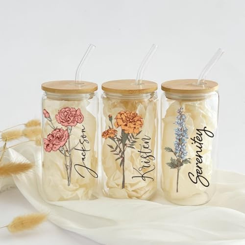 Vaso personalizado de flores de nacimiento, regalos para ella, día de la madre, taza de café de cristal personalizada con flor de nacimiento con nombre, regalo de graduación, regalo de propuesta de