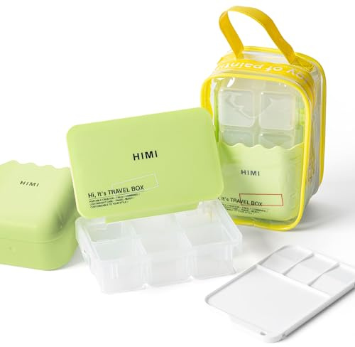 HIMI Paint Travel Box für Künstler, Studenten und Erwachsene – Platz für bis zu 12 Farben, Mischpalette, Pinselwaschbehälter mit integrierten Reinigungsrillen, tragbare Palettenbox für Künstler