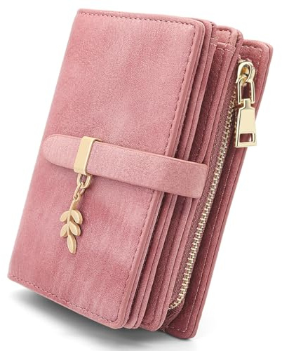 GOUNNU Geldbörse Damen Klein Portemonnaie Damen PU Leder Portemonnaie mit RFID Blockierung Kleines Geldbeutel und Reißverschluss Druckknopf und 17 Kartenfächer Portmonee (Rosa)