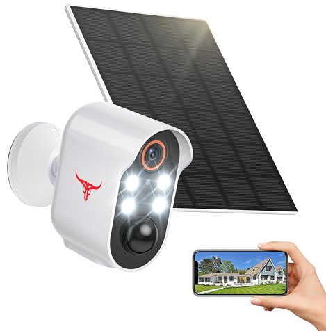 FISHBOT 1080P Wireless Security Camera, Outdoor/Indoor Home Cam with 2-Way Talk, AI Human Detection, Battery Powered, 2.4G WiFi, Cloud Storage, Night Vision (4 Spotlights with Solar Panel)