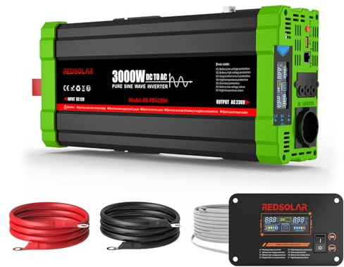 REDSOLAR Convertisseur Pur Sinus 3000W (Pic 6000W) 12V 220V 230V, Onduleur avec Port USB, Prise EU, Écran LCD et Télécommande Filaire de 7 Mètres – pour Caravane, Camping, Voyage et Systèmes Solaires
