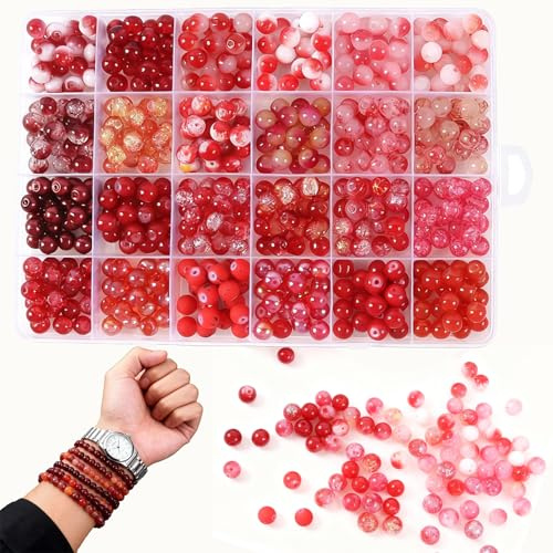 AEMCHDM 24 färger röda pärlor, 8 mm glaspärlor, 400 stycken pärlor för armband, glaspärlor set för gör-det-själv-armband, halsband, smyckestillverkning, barnhantverk, dekoration, kreativa presentidéer