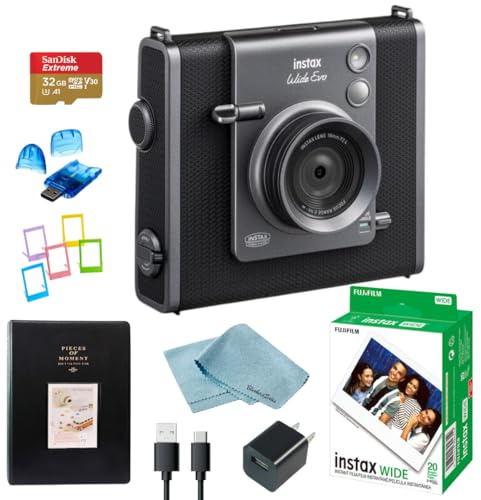 Fujifilm Instax Wide Evo Hybrid Instant Film Camera Bundle + Fujifilm Wide Film (20 Sheets), 32GB SanDisk microSD Card, Card Reader, Album & Frames, USB-C Cable, Wall Plug & BluebirdSales Cloth