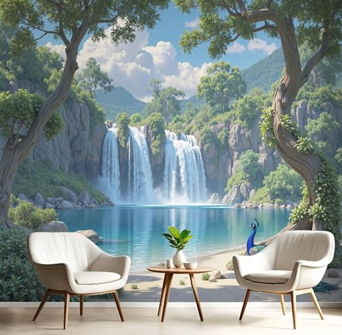 Carta Da Parati Effetto 3D Foreste Cascate 400×280cm, Fotomurali Non Tessuto XXL, Decorazione Poster Arte Murale Vegetazione Lussureggiante per Casa Ufficio Camera Letto Soggiorno
