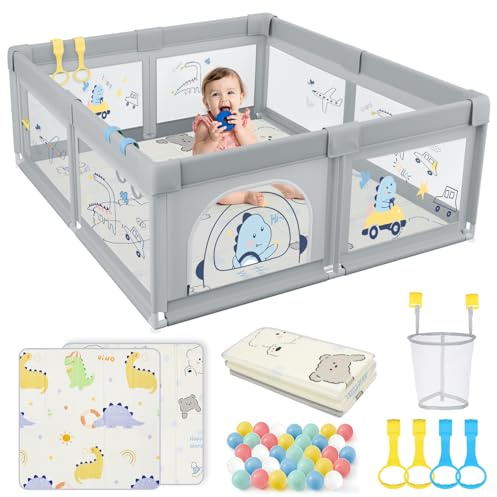 SPYLAVE Laufstall Baby mit Matratze 120x120, Kleines Laufgitter Baby mit Saugnapfbasis, 360° Atmungsaktivem Netz und 210D Oxford Gewebe, Stabiler & Sicherer Babyspielplatz, 60 Bällen & 4 Zugringe