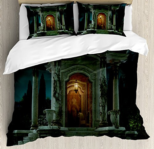 Ambesonne Gothic Duvet Cover Set, Roman Pavilion Ivy Pillars Dome Medieval Architecture Mystic Theme Print, Decorative 3 Piece Bedding Set with 2 Pillow Shams, King Size, Petrol Blue and Orange