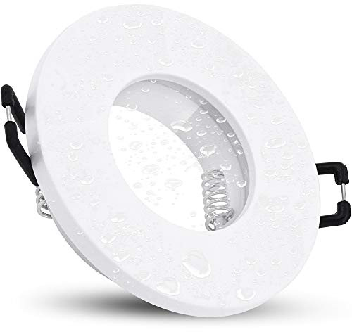 linovum ISAWO Einbaurahmen IP65 weiß rund GU10 Bad & Außen ohne Lampe | Runder Deckenrahmen weiß IP65 - mit Glasscheibe & Dichtung für Bad, Dusche & Sauna, für GU10 bis 15W, inkl. Fassung