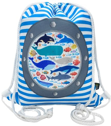 HECKBO Sac de sport pour fille et garçon - motif de poisson avec hublot avec fenêtre en plastique - 33 x 26 cm - maternelle, garderie, berceau - sac à dos, sac, sac de sport