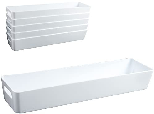 6x Ordnungsboxen - 6 cm hoch - WEIß - 40x10x6cm - 2 Liter - Ordnungskorb - Schubladenorganizer Schublade - Organizerbox - Ordnungssystem Kunststoff - Aufbewahrung Bad Korb Schrank Schreibtisch Kiste