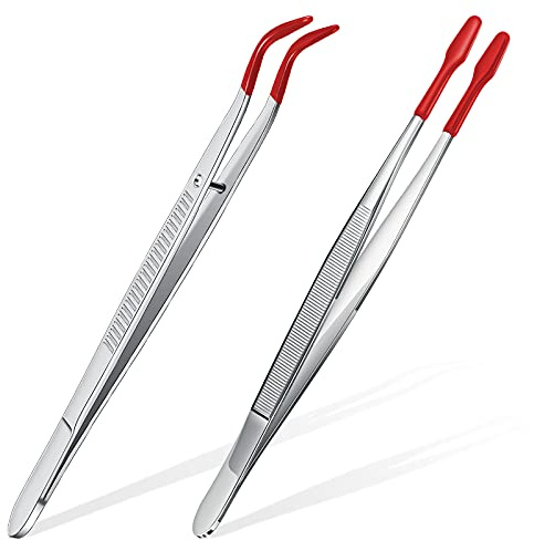 2 Piece Tweezers with Rubber Tips Set - Bent and Straight Flat Tips Tweezers PVC Coated for Stamp Coins Jewelry Crafts, Electronics(Silver, Red)