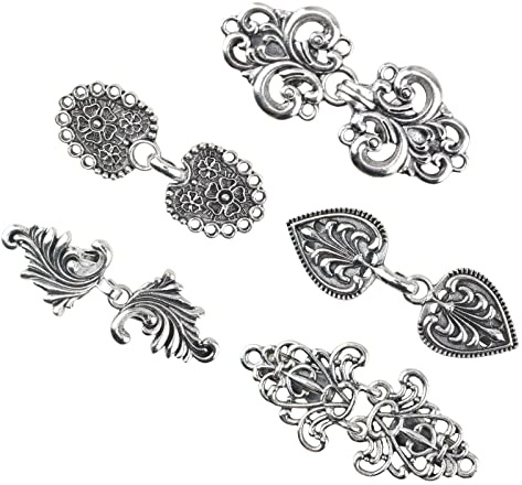 WANDIC Cloak Verschluss Verschlüsse, 5 Paar 5 Stile Retro Cardigan Clips Swirl Blume Cape Verschlüsse mit Clip für Kleidung Pullover Schal Antike Silber