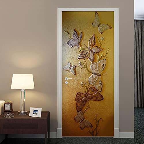 FHKGIUJAD 3D Drucken | Tür Bekleben Mit Türtapete Selbstklebend Vintage Blume Schmetterling | Tür Verschönern Mit Türfolie | Türaufkleber Xxl Türbilder | Türposter Türklebefolie 77X200Cm