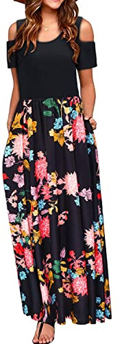 STYLEWORD Maxi Vestido de Verano con Hombros Descubiertos para Mujer Manga Corta Estampado Floral Elegante Vestido Maxi con Bolsillos (Floral08, XL)