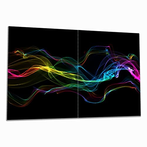 Wallario Herdabdeckplatte/Spritzschutz aus Glas, 2-teilig, 80x52cm, für Ceran- und Induktionsherde, Bunter Rauch vor schwarzem Hintergrund