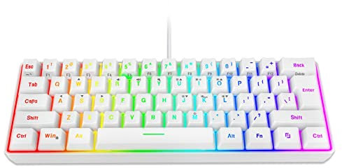 Uezeth Mechanical Keyboard, 60% Wireless Mechanical Keyboard 26 Rgb Backlit Wired UK Layout 61 Keys, USB Gaming Keyboard for Windows Macos Linux (White)