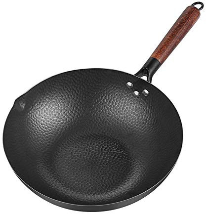 OQHAIR Wok de Hierro Tradicional, Hecho a Mano, Grande, de Acero al Carbono, Wok Antiadherente, Cocina a Gas, sartén, Cocina
