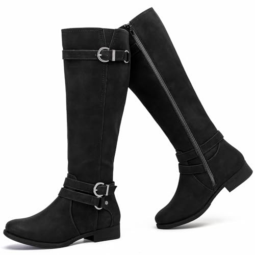 Ruiee Knee High Boots for Women Classic Comfort Riding Combat Boot Round Toe Side Zipper Long Tall Fall Winter Womens Boots.230305 Black PU Size9.5