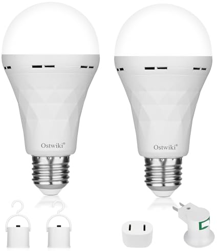 Ostwiki 2 Pack Emergency Rechargeable Light Bulbs,Battery Operated Backup Light Bulb 9W E27 8500K 1200mAh White Equivalent Self-Charging LED Light Bulbs for Power Outage Camping Outdoor Activity