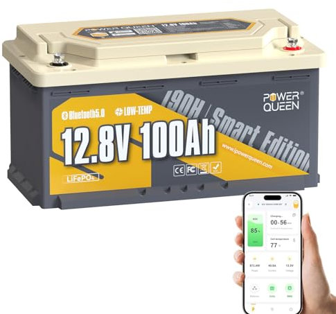 Power Queen LiFePO4 12V 100Ah Lithium Batterie Bluetooth H190, DIN H8 L5, 1280Wh Tiefzyklus Batterie mit 100A BMS und Niedrigtemperaturschutz, Perfekte für Wohnmobil, Camping, Wohnwagen
