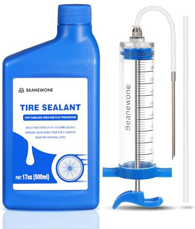 Beanewone Tubeless Tyre Sealant, 500ml Tubeless Sealant with Tubeless Sealant Injector, Injects Long-Lasting Sealant Directly for MTB and Road Bicycle Tyres