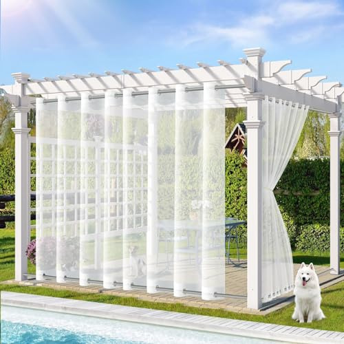 Qelus Outdoor Vorhang Transparent Wetterfest, B254xH213cm Außenvorhang mit Ösen, Outdoorvorhänge Gardinen Wasserdicht Sonnenschutz für Pavillon Terrasse Pergola Balkon Garten
