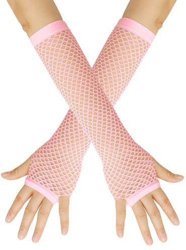 Netzhandschuhe Lange Fingerlose Fischnetz Armstulpen Mesh Damenhandschuhe Netzhandschuhe 80er-Jahre Retro Frauen Kostümzubehör Kostümhandschuhe Karnevalskostüme Halloween Cosplay (Pink, One Size)