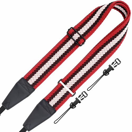 Padwa Lifestyle Stripes Adjustable Camera Strap with Quick Release Clip fits All Cameras - 2 Full Grain Leather Head,Soft Cotton Rope Weave Camera Straps for Photographers - Red Black Stripe