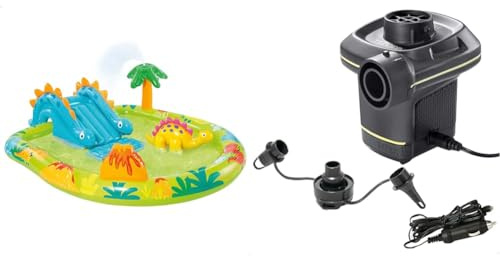 INTEX 57166 - Piscina Infantil Hinchable con dispersor de Agua y tobogán Dinosaurio, Centro de Juegos para niños & Intex 66634 - Inflador eléctrico con adaptadores 220-240V, Color Amarillo