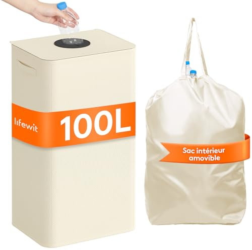 Lifewit contenedor de 100L para recogida de botellas con tapa, almacenamiento de botellas vacías y vidrio, colector de botellas con agujero, bolsa para cocina o sala de almacenamiento, Blanco