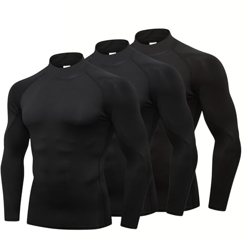 YUSHOW 3-pack herr kompressionströja långärmad funktionell skjorta sportskjorta fitness polotröja löpartröja andas gym, Svart (3-pack), XL