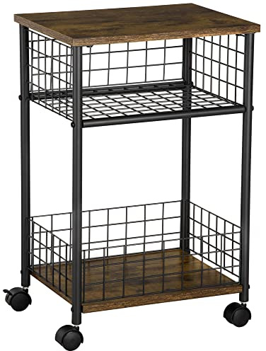 HOMCOM Desserte à roulettes, chariot de service, desserte cuisine, 2 niveaux, avec 2 compartiments ouverts, plan de travail en bois et roulettes, pour salle à manger, 40L x 30l x 62H cm, acier, marron