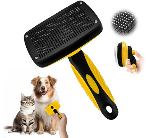 Selbstreinigende Katzenbürste Hundebürste Unterwolle (Gelb) | Ein-Klick Fellbürste, Sanfte Enthaarung Für Langhaar & Kurzhaar, Hautschonender Massage-Effekt Für Hunde & Katzen