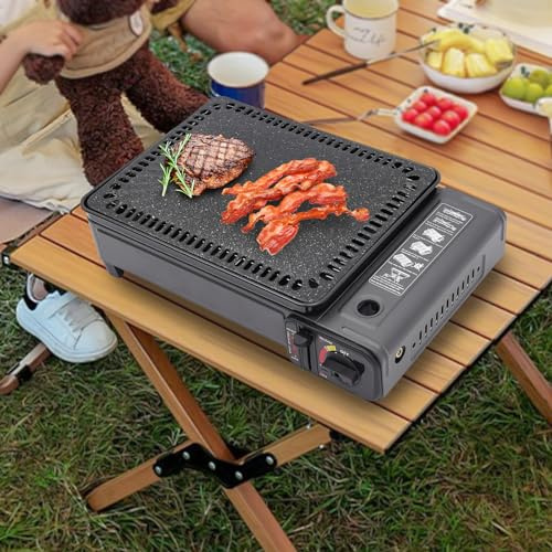 Camping Grillset tragbarer Kassettengrill mit Grillnetz & Backblech | Grillpfannen-Clip, Campingkocher tragbarer Gasgrill, Gasbrenner mit Koffer, Einstellbare Feuerkraft