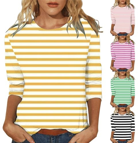 Camiseta de rayas para mujer, manga corta, informal, verano, manga 3/4, cuello redondo, camiseta básica, holgada, camiseta larga, Y2K, camiseta de verano