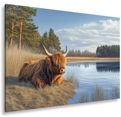 deyoli Leinwandbild Highland-Rind ruht am See, friedlich und majestätisch. Format: 80x60cm XXL Kunstdruck Bild auf Keilrahmen/Wandbild/Wohnzimmer Dekoration