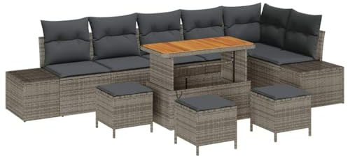 vidaXL 10-teiliges Garten-Sofa-Set mit Kissen in Grau aus Poly Rattan – Modulares Outdoor-Möbelset für Balkon, Terrasse und Lounge