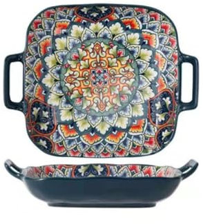 Piatto da portata in ceramica con manici, piatto in ceramica bohémien, piatto da pranzo quadrato, piatto da insalata colorato, piatto di frutta retrò (stile D)