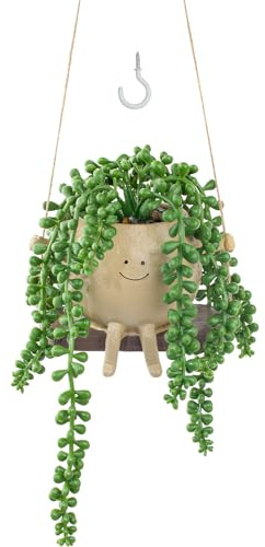 LUZOGA Artificial Hanging String of Pearls Succulent Plant in Cute Smiley Face Ceramic Pot with Legs, Fake Trailing Plant for Indoor/Outdoor Home Office Wall Decor, Includes 2 Hanging Hooks
