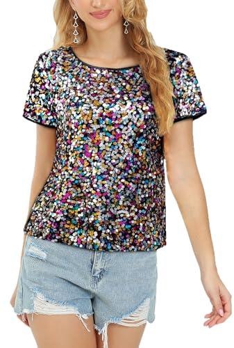 Damen Pailletten Oberteil Glitzer Tops Kurzarm Rundhals T-Shirt Club Casual Elegant Festliche Blusen Disco Sommer Party Outfit Mehrfarbig L