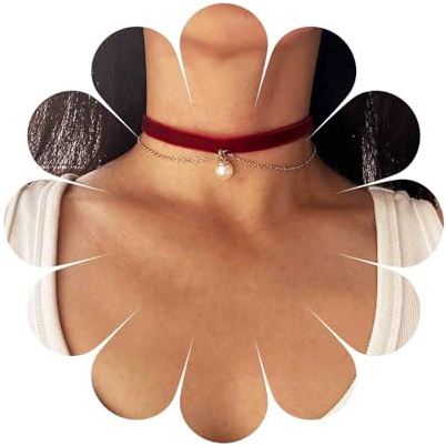 Aneneiceera Vintage Geschichtet Rot Wildleder Choker Halskette Kurze Perle Anhänger Halsketten Breit Wildleder Samt Halsketten Samt Perle Kragen Halskette Kette Schmuck Für Frauen