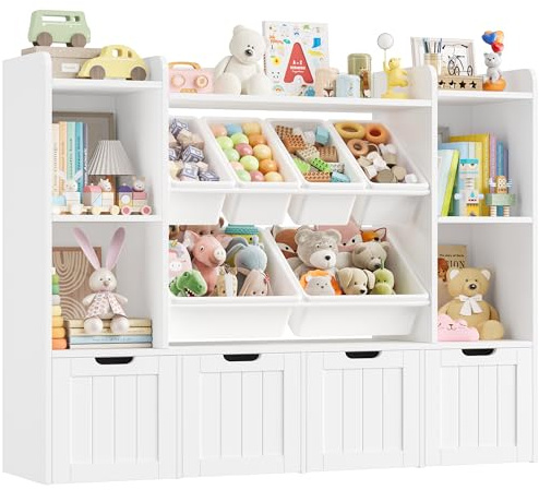 FOREHILL Scaffale per Giocattoli con 4 contenitori su ruote,Libreria Montessoriana per bambini con 6 Contenitori Rimovibili in Plastica,per Camera dei Giochi 140x30x106cm (Bianco)