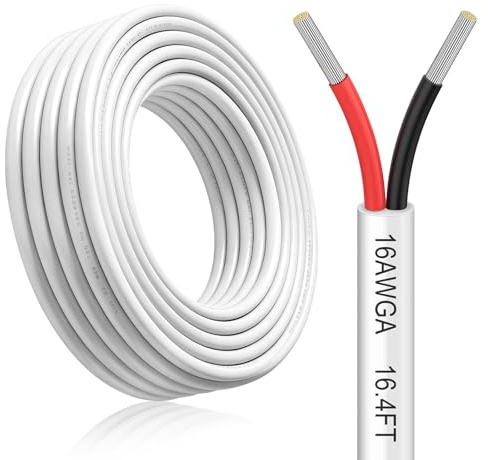 16.4FT/5M 16AWG 2×1.5mm² Electrical Wire 2 Core Cable, White Rated 300V, Low Voltage Flexible Extension Wire for 5V/12V/24V, Tinned Copper, High Temperature Resistant, for LED Strips and Automotive