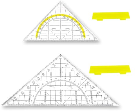 fKiZanthene Geometrisches Geodreieck mit Griff, Set mit zwei transparenten Multifunktionsmesslinealen, Winkelmesser und Geodreieck für Geometrie im Klassenzimmer Studium zu Hause