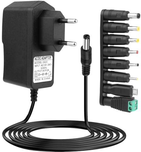 9V 2A Adaptador 5.5x2.1mm Cargador Fuente Alimentación con 8 Conectores 18W | Netzteiladapte CA CC Cabezal Transformador 500-2000mA para Cámara CCTV Tira LED TV Box Router Chip de Protección Inteligente