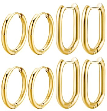 JUZICHEN 4 Paires Boucles d'Oreilles Créoles Pour Femme, 16/18/20/21mm Creole Ovales Or/Argent, Boucles d'Oreilles Ovales En Acier Inoxydable