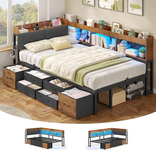 AOGLLATI Canapé Lit 90x190 avec Rangement,Lit Coffre 90x190 avec Multiprise et Éclairage LED,Lit Enfant avec Tête de Lits Rembourrée,6 Compartiments & 6 Tiroirs,Lit Une Place avec Sommier en Métal