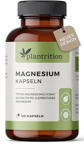 plantrition Magnesium Kapseln 775 mg davon 100 mg elementares Magnesiumglycinat pro Kapsel - Magnesium-Bisglycinat hochdosiert - 120 Vegane Kapseln - Verpackung kann variieren