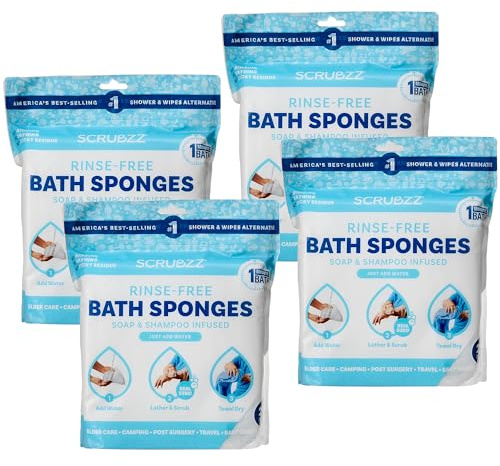 Scrubzz Disposable No Rinse Bathing Wipes - All-in-1 Single Use Shower Wipes, Simply Dampen, Lather, and Dry Without Shampoo or Rinsing (Unscented, 4-Pack)