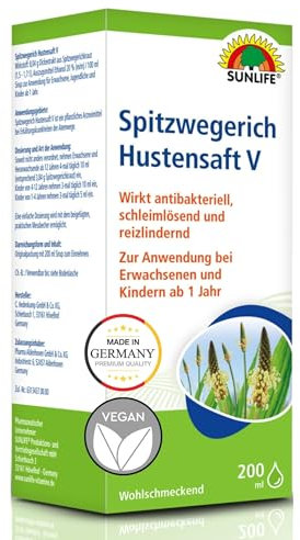 SUNLIFE Spitzwegerich Hustensaft V 200 ml - Hustensirup mit Spitzwegerich - Hustenlöser für Erwachsene, Jugendliche & Kinder ab 1 Jahr - Hustenstiller bei Erkältung